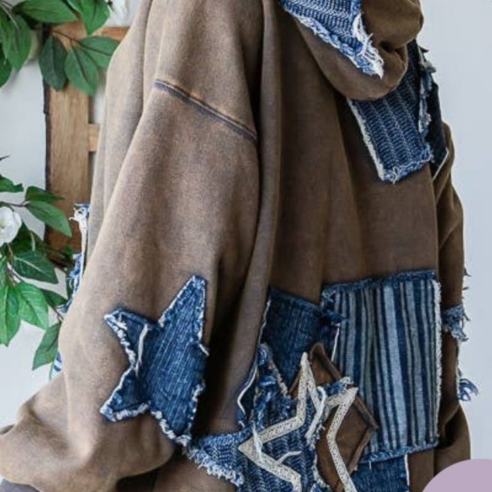 OLI & HALI Hoodie w/Denim Star Patchwork, EUC, S(Overszd), Cute+Comfy🤎🩶💙 - Picture 2 of 16